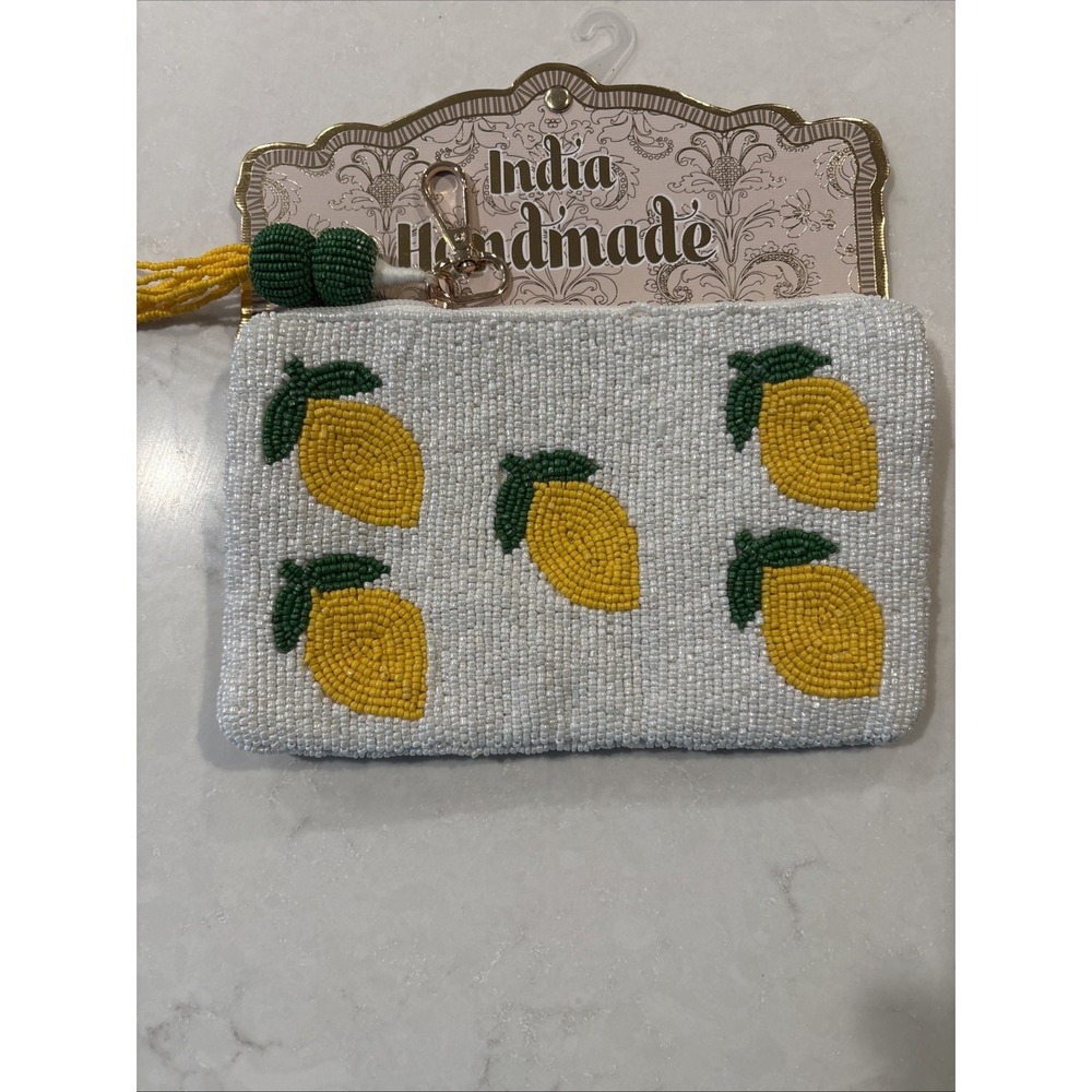 Handmade India Lemons Stripes Beaded Bag Coin Purse Wallet Cosmetic Italy Vacay